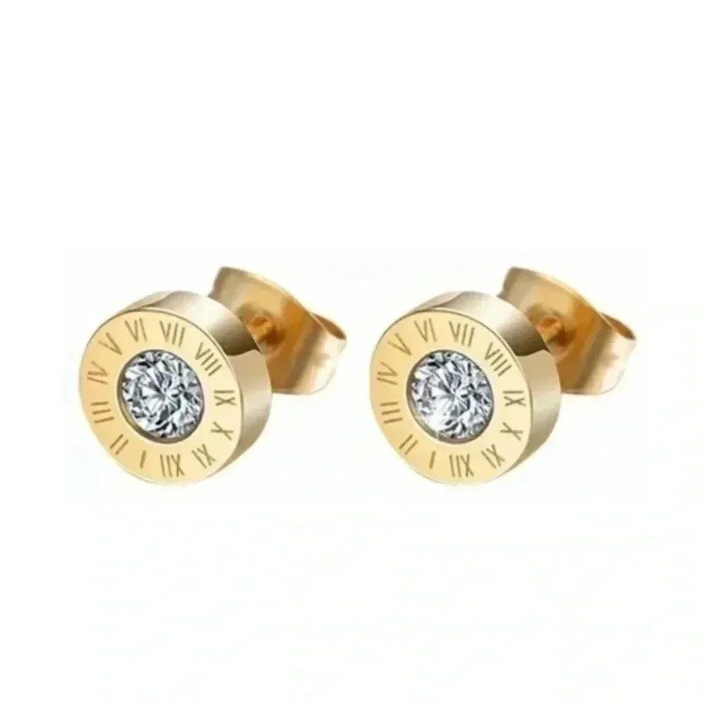 Gold Roman Numerals Designer Style AAA Zircon Stud Earrings NWT